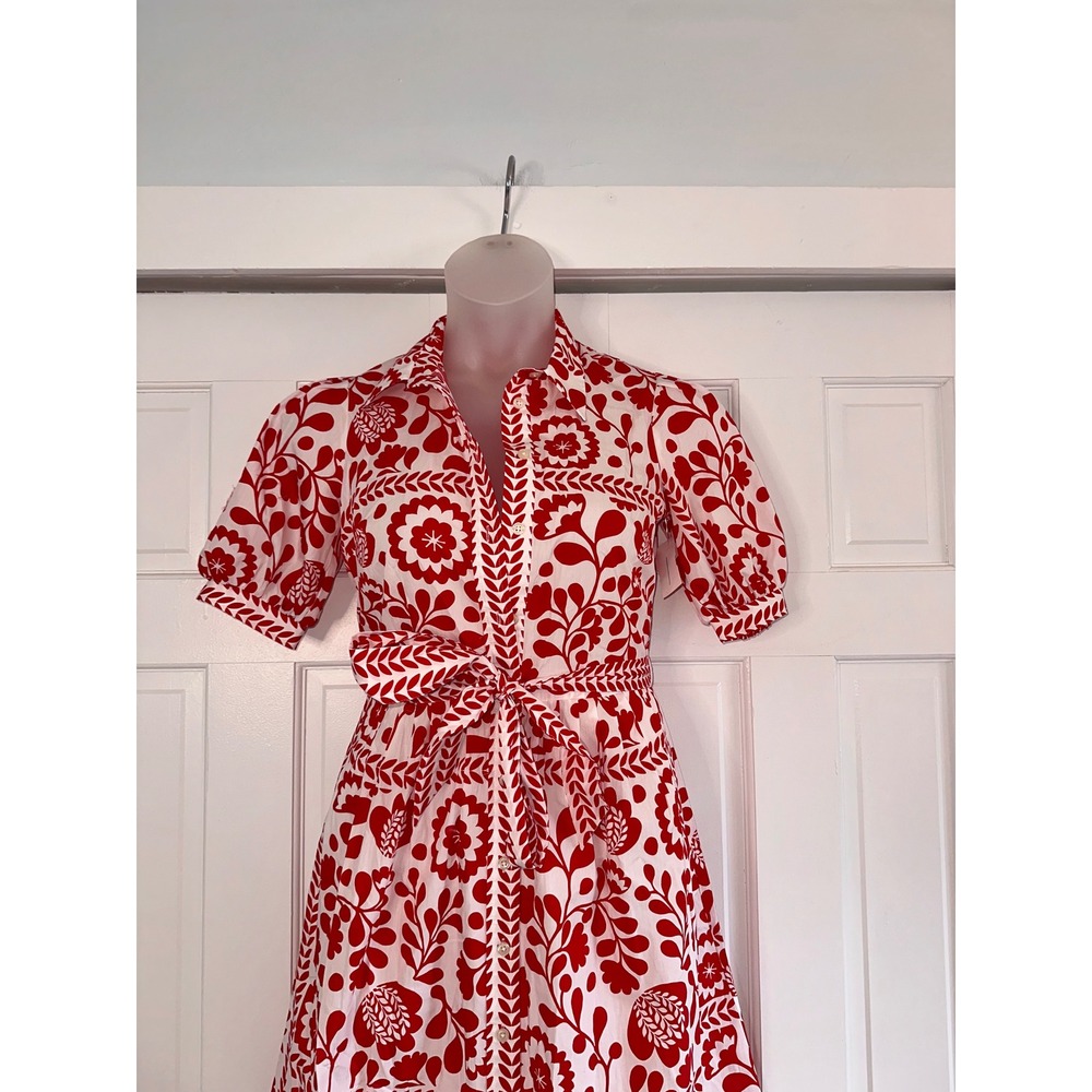 Boden Alexa Maxi Shirt Dress Red White Floral Block Print Cotton US 4 - Picture 3 of 5